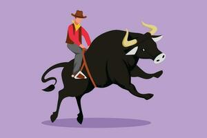 Graphic flat design drawing strong and brave cowboy in hat riding wild bull and participates in rodeo competition. Happy cowboy riding wild bull. Exciting rodeo show. Cartoon style vector illustration
