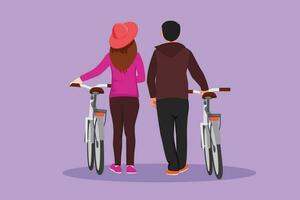 Graphic flat design drawing back view of romantic couple walking together with bicycle at outdoor park. Cheerful man and woman in love. Happy romantic married couple. Cartoon style vector illustration