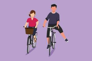 Character flat drawing happy funny young couple riding on bicycle. Romantic teenage couple ride bike at city park. Young man and woman in love. Happy married couple. Cartoon design vector illustration