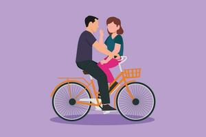 Graphic flat design drawing happy young man and woman riding bicycle face to face. Romantic couple is riding bicycle together. Happy family spend time with exercise. Cartoon style vector illustration