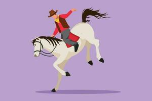 Graphic flat design drawing of strong and brave cowboy on wild horse mustang. Rodeo cowboy riding wild horse on wooden sign. Stylized cowboy riding wild horse race. Cartoon style vector illustration