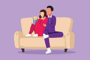 Cartoon flat style drawing romantic couple at home resting on couch watching movie and eating popcorn. Domestic relax evening. Happy man and cute woman on cozy sofa. Graphic design vector illustration