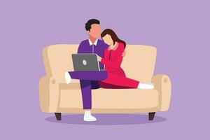 Cartoon flat style drawing cozy living room concept. Romantic young couple gently cuddle on couch and watch movie on their laptop. Happy family life with interior. Graphic design vector illustration