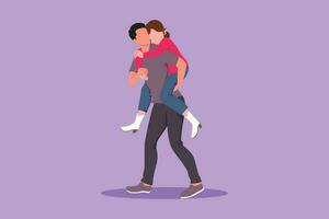 Cartoon flat style drawing happy man carry girlfriend on his back. Romantic couple in love. Relationship concept in always supporting and helping in any situation. Graphic design vector illustration