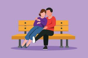 Cartoon flat style drawing romantic couple on bench in city park. Happy man hugging and embracing woman at outdoor park. Couple dating celebrate wedding anniversary. Graphic design vector illustration