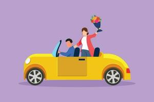 Character flat drawing cute newly married couple groom in vehicle. Happy handsome man and beautiful woman riding wedding car. Married romantic couple relationship. Cartoon design vector illustration