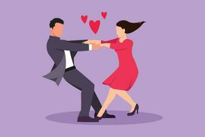 Cartoon flat style drawing of happy young man and beauty woman dancing on the floor at park. Cute romantic couple holding hands and spinning around at wedding party. Graphic design vector illustration