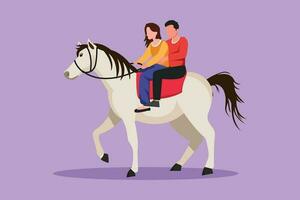 Graphic flat design drawing cute romantic couple in love horseback riding. Happy handsome man and pretty woman getting ready for wedding. Engagement, love relation. Cartoon style vector illustration