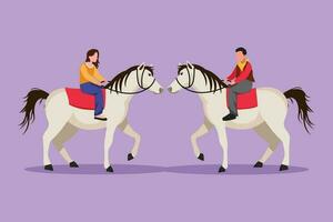 Graphic flat design drawing romantic couple in love riding horse together at meadow. Young man and woman meet for dating with ride horse. Engagement, love relation. Cartoon style vector illustration