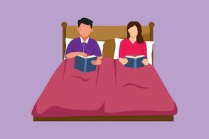 Character flat drawing married couple reading book before going to bed. Man and woman lying on bed together, studying with book. Romantic couple resting at bedroom. Cartoon design vector illustration