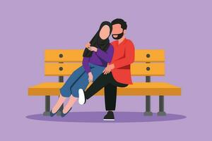 Character flat drawing romantic Arabian couple on bench in park. Happy man hugging and embracing woman at outdoor park. Couple dating celebrate wedding anniversary. Cartoon design vector illustration