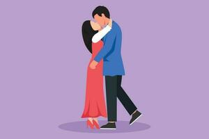 Cartoon flat style drawing Arab couple in romantic pose. Happy man kissing and hugging his beautiful partner woman at park. Intimacy celebrates wedding anniversary. Graphic design vector illustration