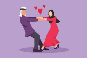 Graphic flat design drawing happy young man and beauty woman dancing on the floor at park. Romantic Arabian couple holding hands and spinning around at wedding party. Cartoon style vector illustration