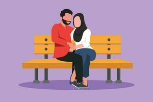 Graphic flat design drawing kissing couple. Happy man and woman face to face sitting on park bench and kissing each other. Romantic Arabian couple dating in spring. Cartoon style vector illustration