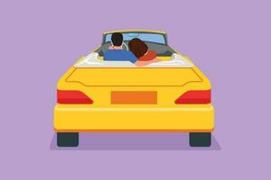 Cartoon flat style drawing back view loving couple sitting and hugging in convertible car. Happy man woman getting ready for wedding. Engagement and love relations Graphic design vector illustration