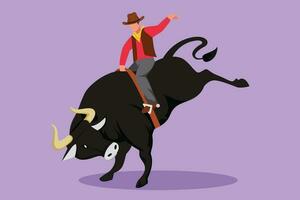 Cartoon flat style drawing of cowboy riding wild bull for exciting rodeo show. Brave cowboy in hat join with rodeo competition riding wild bull. Exciting rodeo show. Graphic design vector illustration