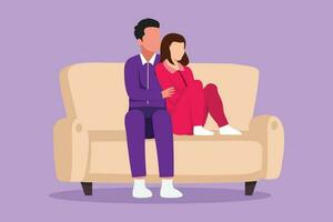Graphic flat design drawing romantic couple hugging each other. Man and woman relaxed on sofa at home. Male hugs cute female at cozy living room and watching TV show. Cartoon style vector illustration