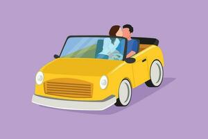 Character flat drawing of romantic couple riding car going on road trip. Man driving cabriolet car while woman hugging kissing her boyfriend. Summer vacation travel. Cartoon design vector illustration