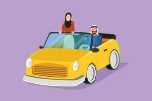 Cartoon flat style drawing happy couple riding car going on road trip. Romantic man and woman driving in cabriolet car travel around city. Arab couple on vacation. Graphic design vector illustration