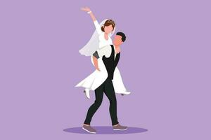 Character flat drawing of sweet married couple with man in suit carrying woman with wedding dress on his back. Happy romantic couple in love celebrate wedding party. Cartoon design vector illustration