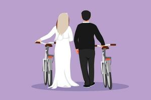 Cartoon flat style drawing back view of man and woman wearing wedding dress walking together with bicycle. Boy and girl in love. Happy cute romantic married couple. Graphic design vector illustration
