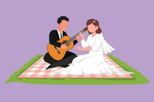 Graphic flat design drawing happy married couple of lovers has sitting on nature. Romantic man playing music on guitar, cute girl listen and singing at wedding party. Cartoon style vector illustration