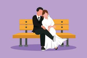 Graphic flat design drawing romantic married couple on bench in park. Happy man hugging and embracing woman with wedding dress. Sweet couple celebrate wedding party. Cartoon style vector illustration