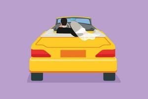 Cartoon flat style drawing back view of loving couple sitting and hugging in convertible car. Man and woman getting ready for wedding. Engagement and love relations. Graphic design vector illustration