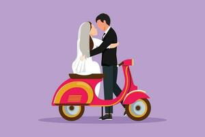 Graphic flat design drawing married couple with wedding dress kissing on motorbike. Wife and husband with scooter, amorous relationship. Romantic road trip, journey. Cartoon style vector illustration
