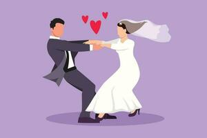 Character flat drawing happy cute married man and pretty woman dancing on the floor at party park. Romantic young wedding couple holding hands and spinning around. Cartoon design vector illustration
