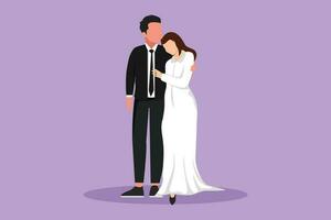 Graphic flat design drawing loving married couple walking, hugging and holding hands. Happy man wearing suit and pretty woman with dress in wedding celebration party. Cartoon style vector illustration