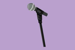 Graphic flat design drawing stylized stand mic with microphone on blue background. Singer equipment for sing song with standing mic at music concert summer festival. Cartoon style vector illustration