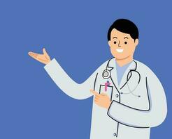 young man doctor in uniform showing blank space or healthcare consultation and presentation concept vector