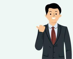 enthusiastic businessman pointing finger left or smiling corporate man showing advertisement standing in suit over white background vector