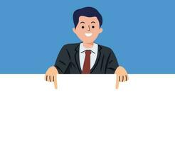 smiling charming young businessman pointing away at copy space isolated on blue background vector