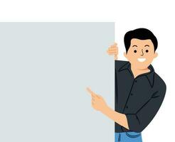 young man peeps out from behind of clear empty white board and points finger on it or man holding blank paper placard vector