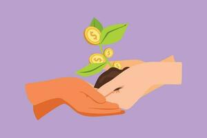 Graphic flat design drawing of two hands holding young money plant together. Money tree investment growth income interest savings economy. Concept of better future. Cartoon style vector illustration