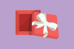 Character flat drawing top view of open gift box with white ribbon and confetti. Enter to win prize symbol. Present package with bursting element, surprise inside. Cartoon design vector illustration