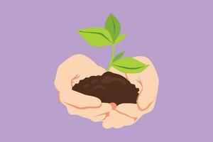 Graphic flat design drawing front view of hands holding plant in soil isolated on blue background. Environment earth day in the hands of trees growing seedlings logo. Cartoon style vector illustration