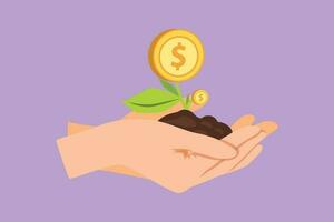 Cartoon flat style drawing hand holding sprout a money tree on nature field symbol. Money tree investment growth income interest savings economy funds stock market. Graphic design vector illustration