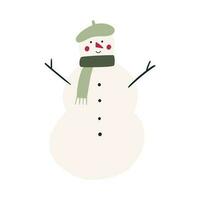 linda mano dibujado monigote de nieve en bufanda y sombrero, dibujos animados plano vector ilustración aislado en blanco antecedentes. alegre infantil personaje. Navidad invierno fiesta celebracion fiesta.