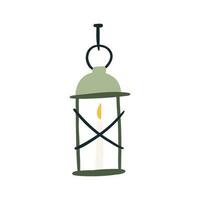 Retro lantern with burning candle, hand drawn flat vector illustration isolated on white background. Cute cartoon lamp. House patio decoration and lighting.