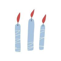 Hand drawn blue candles, cartoon flat vector illustration isolated on white background. Cute burning candles. Christmas or birthday cake decoration.