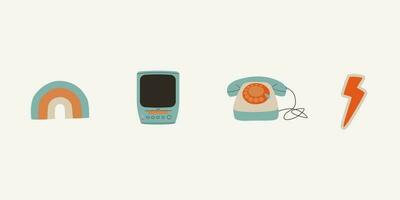 Set of retro elements from the 80s and 90s. TV with VHS, rainbow, landline phone with circular dialing, lightning. Vector flat trend illustration.