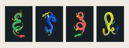 Set of Asian and Chinese mythological characters - dragons. Multicolored decorative illustrations on a black background. vector