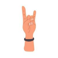 Hand raised up. Rock n Roll Hand Gesture Sign Unite. Human arms with accessories. Colored flat vector illustration isolated on white background