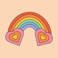 Retro rainbow in hippie style. Groovy trippy hearts in style of 70s. Retro prints with hippie elements for T-shirt, cards, stickers. Vector Illustration