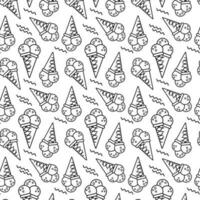 Seamless ice cream pattern. Ice cream in waffle cone.  Sweet summer dessert. Simple ice cream icon. Print for banners, design, decoration of street fast food cafe, street food. Vector illustration