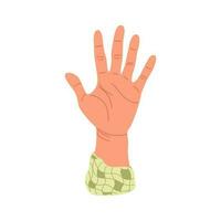 Hand raised up. Spread fingers, inside of palm. Human arms with accessories. Colored flat vector illustration isolated on white background