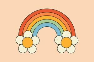 Multi colored rainbow and groovy trippy daisies in hippie style. Retro prints in style of 70s with hippie elements for T-shirt, cards, stickers. Suitable for nursery design. Vector Illustration